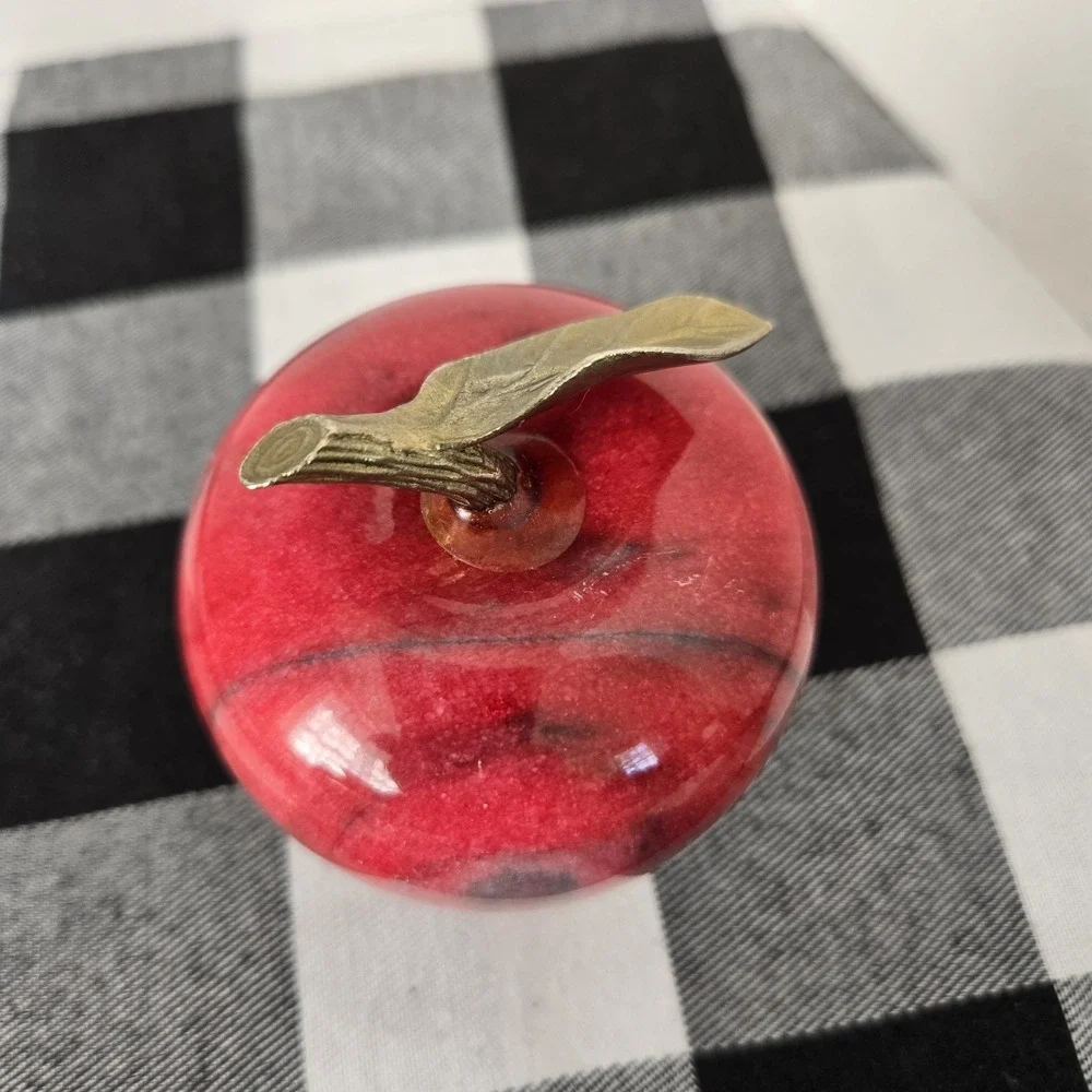Stone‎ Marble Red Apple Paperweight with Brass Stem Polished Teacher Farmer